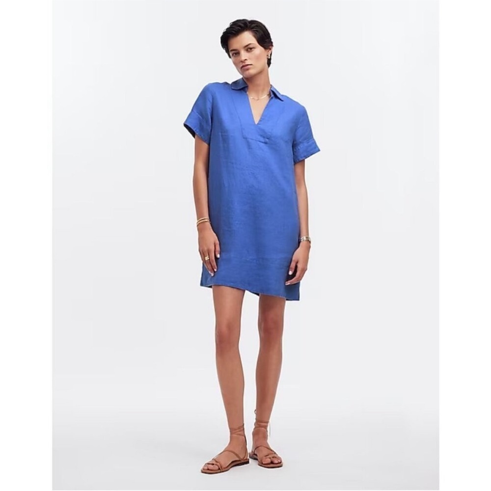 Madewell blue v neck mini dress linen shirt dress size SM new